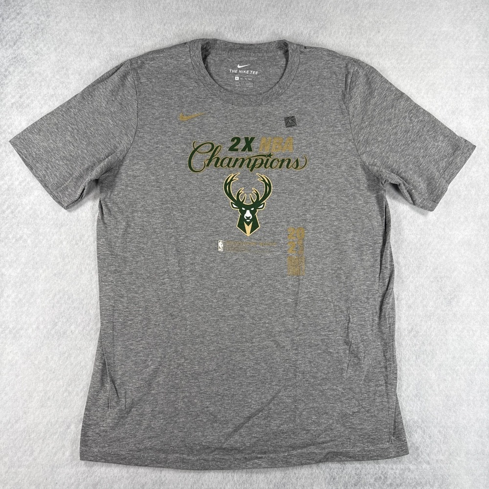 Nike Milwaukee Bucks 2X NBA Champions Youth Large 14-16 Gray T Shirt NWT